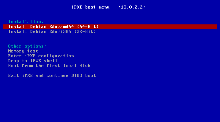 The iPXE menu without LTSP entries