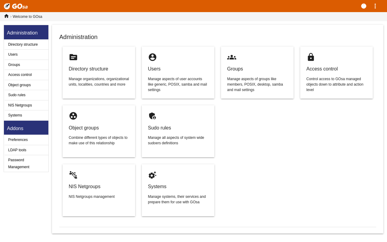 GOsa² overview page after login as the first user