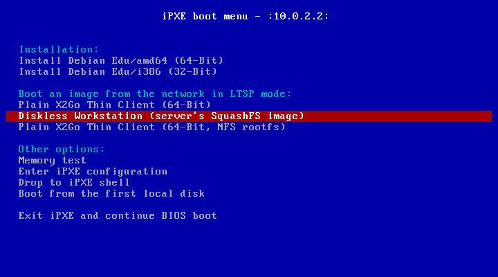 The iPXE menu with LTSP entries