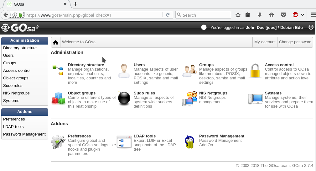 Page d'aperçu de GOsa² après connexion en tant que premier utilisateur